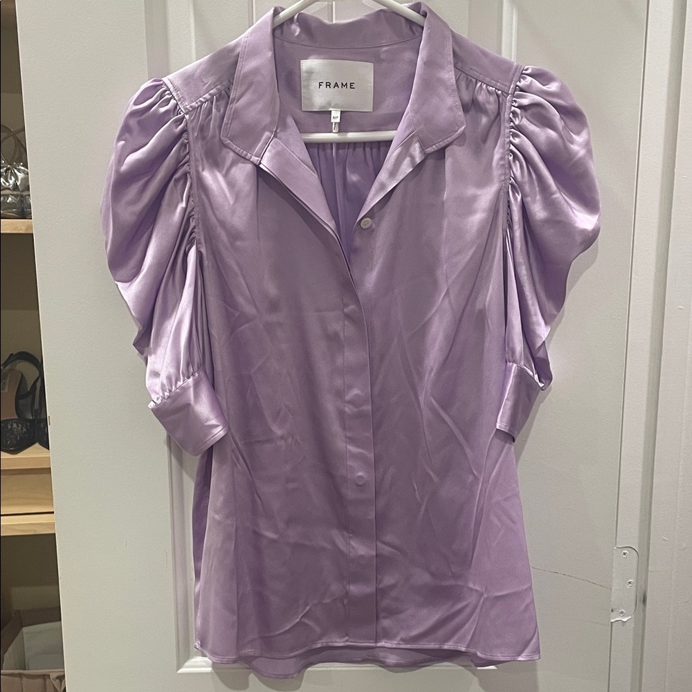 Frame Denim Lavender Satin Puff-Sleeve Button-Up Blouse
